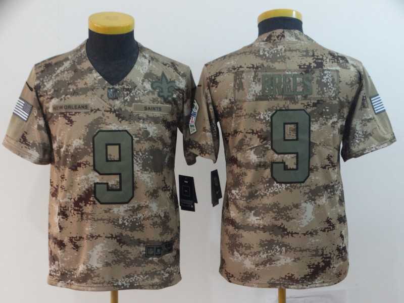 Youth Nike Saints 9 Drew Brees Camo Salute To Service Limited Jersey
